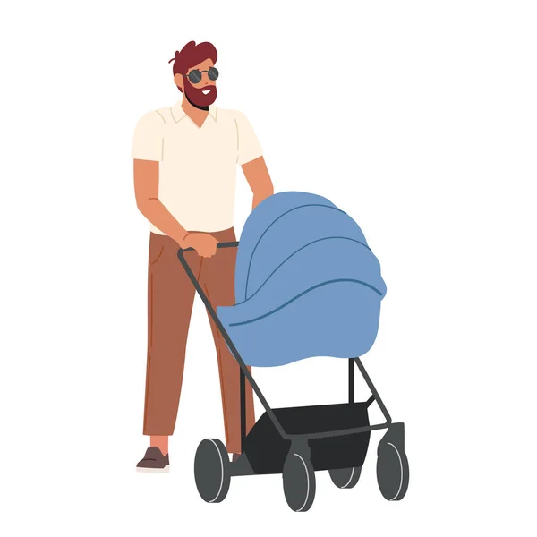 Young Dad y Little Baby en Stroller Walk Together. Papá en licencia de maternidad, Padre soltero, Hombre caminando con el transporte — Vector de stock