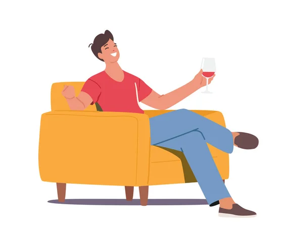 Man Drink Alcohol thuis of in de bar, Vreugdevolle Man Karakter Zit op fauteuil Holding Wijnglas in de hand geïsoleerd op wit — Stockvector