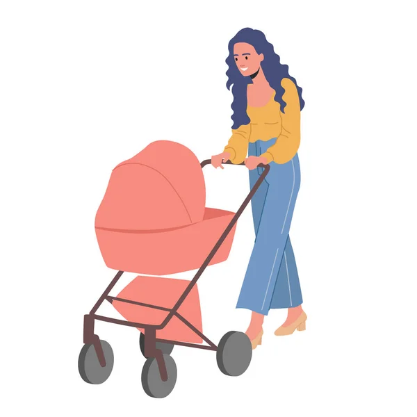 Mujer joven caminando con el transporte. Mamá y bebé en Pram on Walk. Madre caminando con el niño en el cochecito. Paseo familiar — Vector de stock