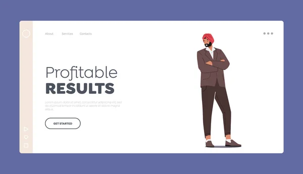 Nyereséges eredmények Landing Page Template. Indiai vagy pakisztáni üzletember karakter viselni turbán, barna blézer és nadrág — Stock Vector