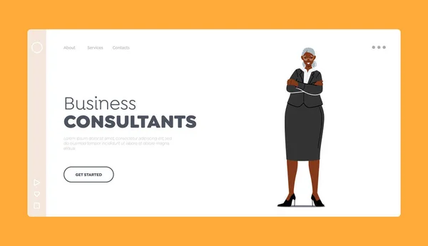 Unternehmensberater Landing Page Template. Ältere Afrikanerin trägt formelles Kleid, selbstbewusste weibliche Person — Stockvektor