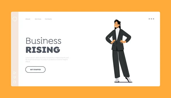 Business Rising Landing Page Template. Стильная азиатская женщина в модных формальных нарядах стоит с оружием Акимбо — стоковый вектор