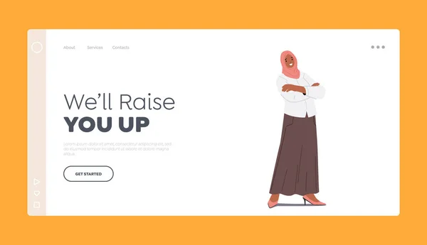 Arabska kobieta biznesu z krzyżowanym Arms Landing Page Szablon. Arabska postać kobieca ubrana w tradycyjny hidżab — Wektor stockowy