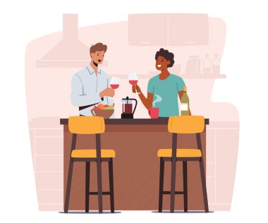 Mutfak Masasında Meyveli Eller Masasında Şarap Kadehleri Tutan Erkek ve Kadın Karakterler. Erkek ve Kadın Çıkma