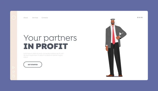 I tuoi partner in Profit Landing Page Template. Uomo d'affari arabo in copricapo tradizionale e vestiti formali, uomo d'affari — Vettoriale Stock