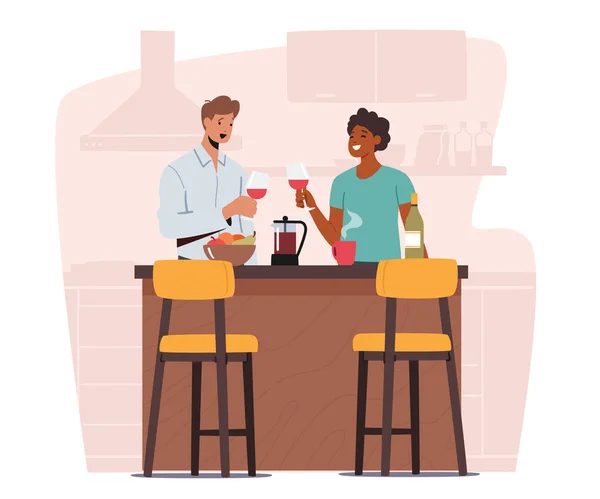 Pár mužské a ženské postavy drží sklenice s vínem v ruce stojí u kuchyňského stolu s ovocem. Randění mužů a žen — Stockový vektor