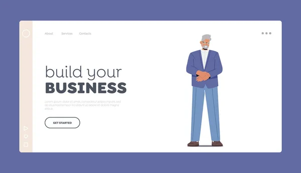Bouw uw Business Landing Page Template. Senior grijze harige man in formele pak, mannelijke karakter dragen Blazer — Stockvector