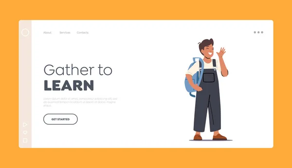 Kids Education Landing Page Template. Schoolboy with Backpack Waving Hand and Rejoice. Happiness, Childhood — Stock Vector