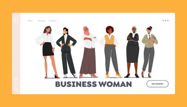 Business Women İniş Sayfası Şablonu. Çeşitli Kadın Karakterler Sıraya Girsin. Kendinden emin Kafkasyalı, Afrikalı, Asyalı, Arap