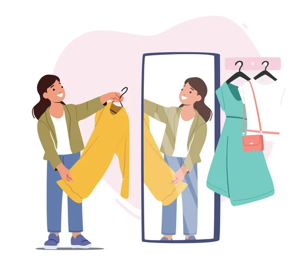 Menina Fique em frente ao Mirror no Fitting Room na Loja de Vestuário Mudando e Montando Roupas. Criança Escolher Vestuário —  Vetores de Stock