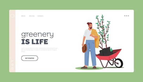 Природа, навколишнє середовище та екологія Landing Page Template. Чоловічий характер Посадка дерев розсади до грунту в саду — стоковий вектор
