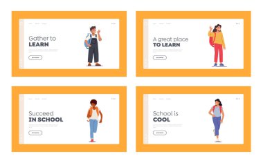 Çocuk Eğitim İniş Sayfası Şablonu. Sırt çantalı kızlar ve oğlanlar el sallıyor ve neşeliler, genç öğrenciler
