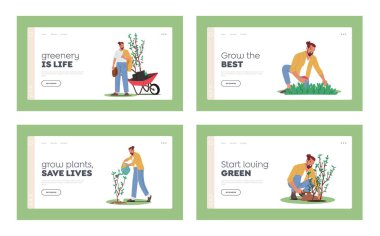 Bahçe işleri, yeniden ağaçlandırma, doğa ve ekoloji iniş sayfası şablonu seti. Çevre Günü, Ağaç Büyüyen Karakterler