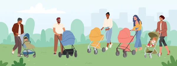 Los padres caminan con bebés en cochecitos en Summer City Park. Maternidad y Paternidad Concepto. Jóvenes mamás y papás a pie — Vector de stock