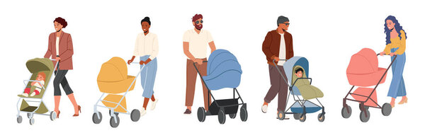 Young Parents Walk with Carriages. Mothers and Fathers Push Prams with Newborn or Toddler Babies Isolated on White