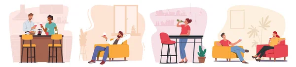 Personas que beben vino, celebran la fiesta en casa o citas. Pareja de personajes masculinos y femeninos sosteniendo gafas de vino — Vector de stock