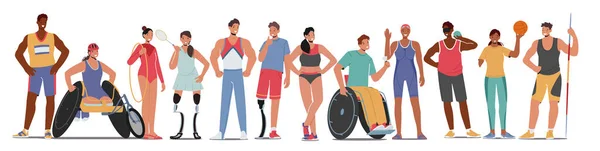 Sada postav sportovců a sportovkyň v uniformách, paralympijských a zdravých sportovcích, mladých mužů nebo žen stojí v řadě — Stockový vektor