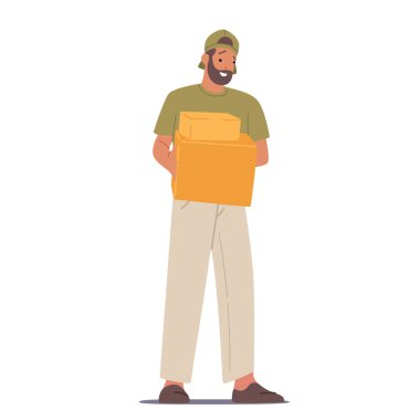 Beyaz arka planda tecrit edilmiş malı olan hızlı teslimat işçisi. Kurye Erkek Karakteri Üniformalı Taşıma Kutuları Giyer