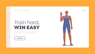 Kadın Karakter Yüzme Kıyafeti Giyin ve Şapka İniş Sayfa Şablonu. Kadın yüzücü pozu ve el sallama, spor müsabakası