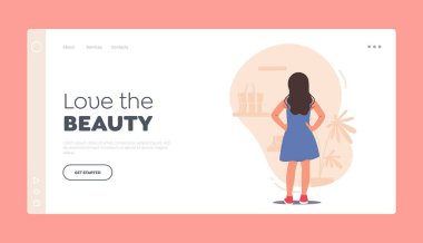 Kadın Çocuk Alışverişi, Giysi İniş Sayfası Şablonu 'nu Seç. Küçük kız Giyim mağazasının önünde dur.