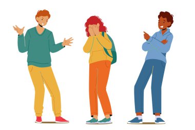 Liseli Kız Ağlıyor, Agresif Sınıf Arkadaşları onu parmaklarıyla işaret ediyor. Şiddet ve sabotaj. Gençler Zorba Kız