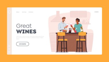 Harika Şarap İniş Sayfası Şablonu. Mutfak Masası 'nda şarap kadehi tutan çift karakterleri. Erkek ve Kadın Çıkma