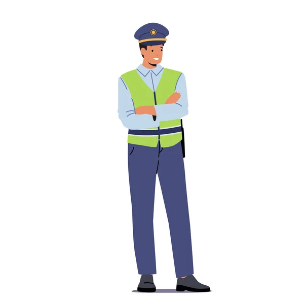 El policía de tránsito usa un chaleco uniforme y verde con brazos cruzados aislados sobre fondo blanco. Carácter oficial de policía — Vector de stock