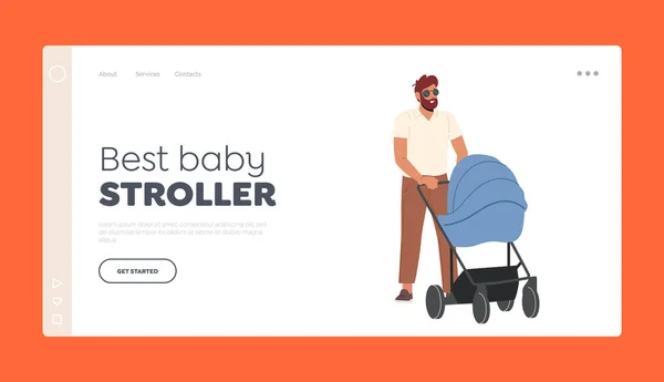 Best Baby Stroller Landing Page Template. Young Dad and Little Baby Walk Together. Dad on Maternity Leave, Single Father — Stock Vector