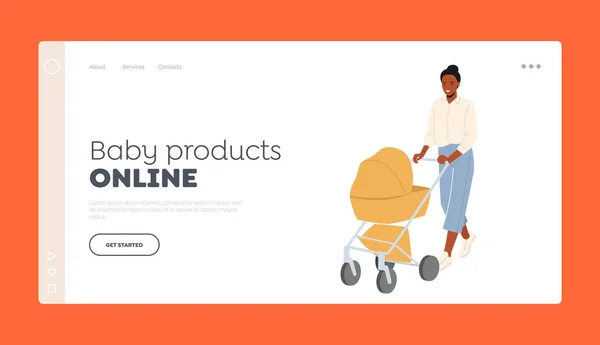 Baby Products Online Landing Page Template. Mladá matka tlačí kočár s novorozeným dítětem. Mamina procházka s kočárkem — Stockový vektor