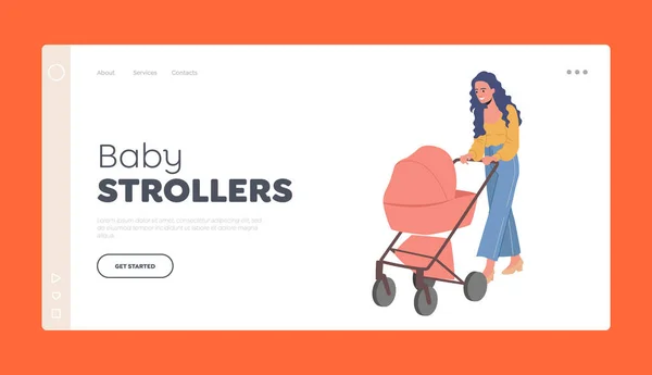 Baby Strollers Plantilla de página de aterrizaje. Mujer joven caminando con el transporte. Mamá y bebé en Pram en paseo marítimo — Vector de stock