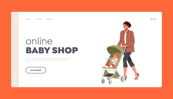Online Baby Shop Landing Page Template. Maternity Concept. Young Mom and Little Baby in Stroller Walk Together — Stock Vector