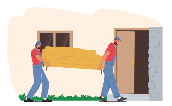 搬迁和迁入新居概念。工人角色携带索法。专业家具用品交付公司 — 图库矢量图片
