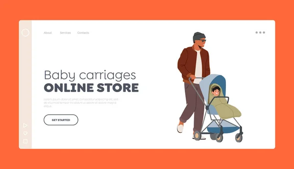 Baby Carriages Online Store Plantilla de Landing Page. Hombre caminando con el niño. Papá en licencia por maternidad, concepto de padre soltero — Vector de stock