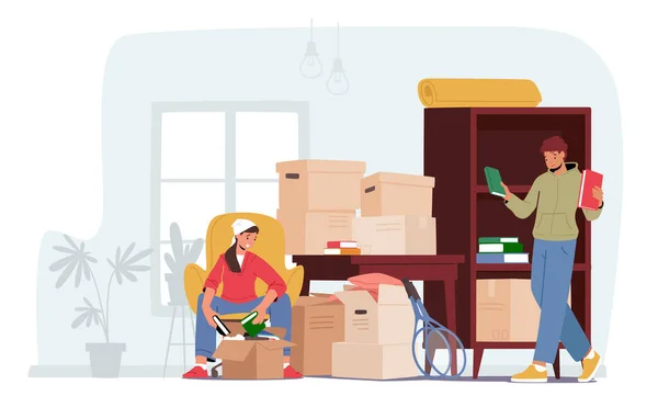 Jeunes personnages de couple déménageant dans une nouvelle maison, homme et femme déballer des boîtes en carton avec des livres — Image vectorielle