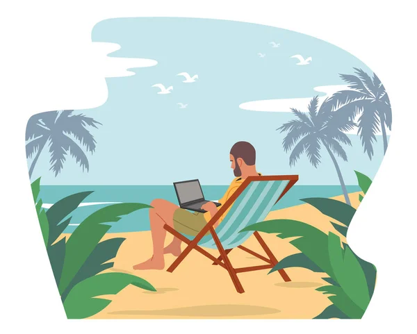 Rilassato imprenditore freelance in estate indossare seduto sul letto di giorno sulla spiaggia tropicale esotica con palme da lavoro sul computer portatile — Vettoriale Stock
