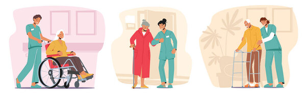 Комплекс медицинской помощи пожилым людям Концепция. Медики помогают пожилым инвалидам в доме престарелых или клинике, социальной помощи