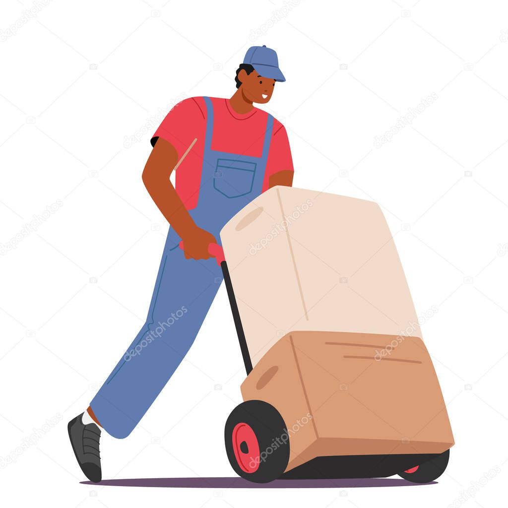 Worker in Uniform Driving Hand Truck with Stack of Carton Boxes Isolated on White Background, Cargo Transportation