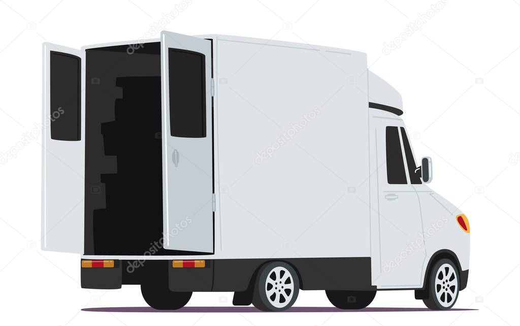 Courier Cargo Truck with Open Doors Rear View Isolated on White Background. Delivery Service Van Ready for Shipping