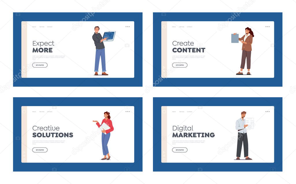 Presenters Characters Presenting With Devices and Banners Landing Page Template Set. Happy People Pointing With Fingers