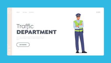 Trafik Departmanı İniş Şablonu. Üniformalı ve yelekli çapraz kollu bir polis. Polis memuru yol müfettişi