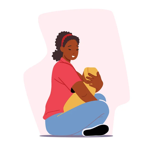 Szoptatás, afrikai női karakter takarmány baba szoptatás ül a padlón. Egészséges természetes táplálkozás újszülött számára — Stock Vector