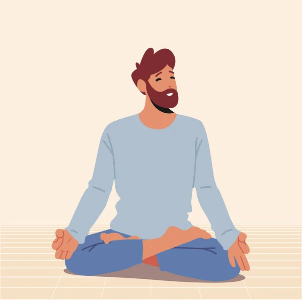 Homem praticando meditação Yoga Sentado em Lotus Pose no Hall. Equilíbrio Emocional de Relaxamento de Vida Saudável, Redutor de Estresse —  Vetores de Stock