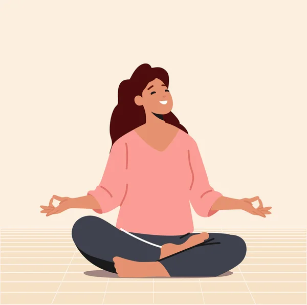 Harmonia, Meditação Yoga no conceito Hall. Mulher meditando em Lotus Pose. Personagem feminina pacífica desfrutando de relaxamento —  Vetores de Stock
