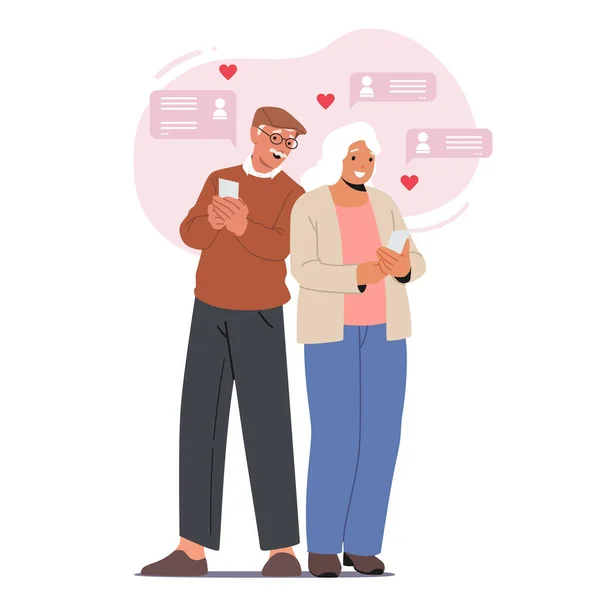 Altes Pärchen chattet über das Internet mit dem Handy. Ältere Charaktere kommunizieren in sozialen Netzwerken auf Liebes-Websites, Botschaften — Stockvektor