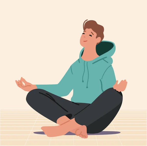 Mann meditiert drinnen in Lichthalle und sitzt in Yoga Asana Lotus Pose. Gesunder Lebensstil, Entspannung, emotionales Gleichgewicht — Stockvektor