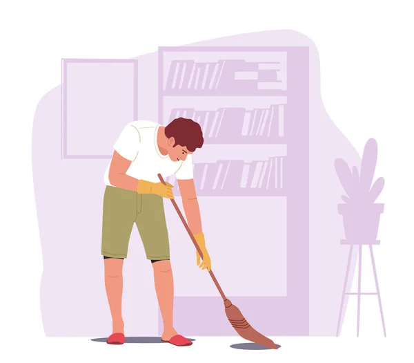 Rutina de hogar, tareas domésticas en la sala de estar. Joven haciendo trabajo doméstico, barriendo piso con escoba — Vector de stock