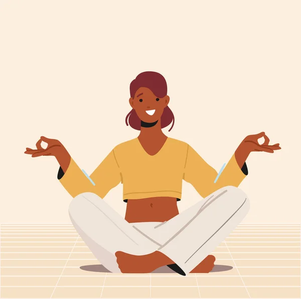 Autonomisation, mode de vie sain, relaxation, équilibre ou concept d'harmonie. Femme calme pratique la méditation de yoga dans le hall — Image vectorielle