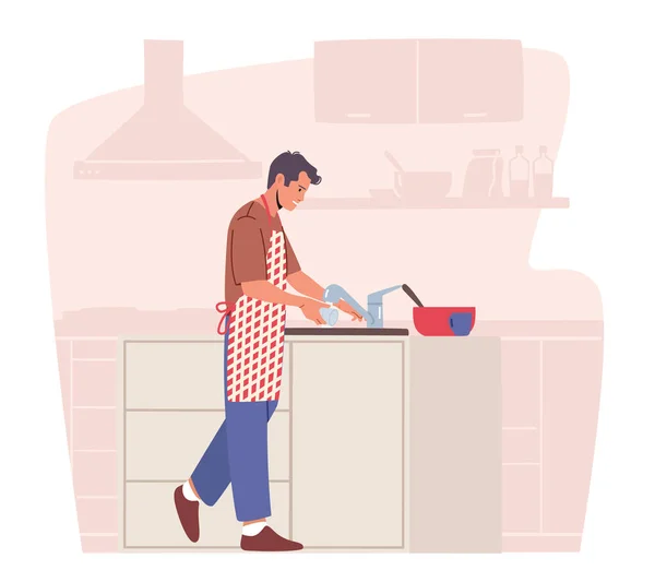 Mann putzt Geschirr, Haushaltstätigkeit, häusliche Tätigkeiten und Hygienevorschriften, Geschirrspülen — Stockvektor