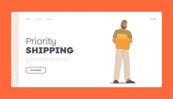 Express Delivery Service, Verzending Landing Page Template. Werknemer met goederen, Koerier karakter dragen Uniform Carry Boxes — Stockvector