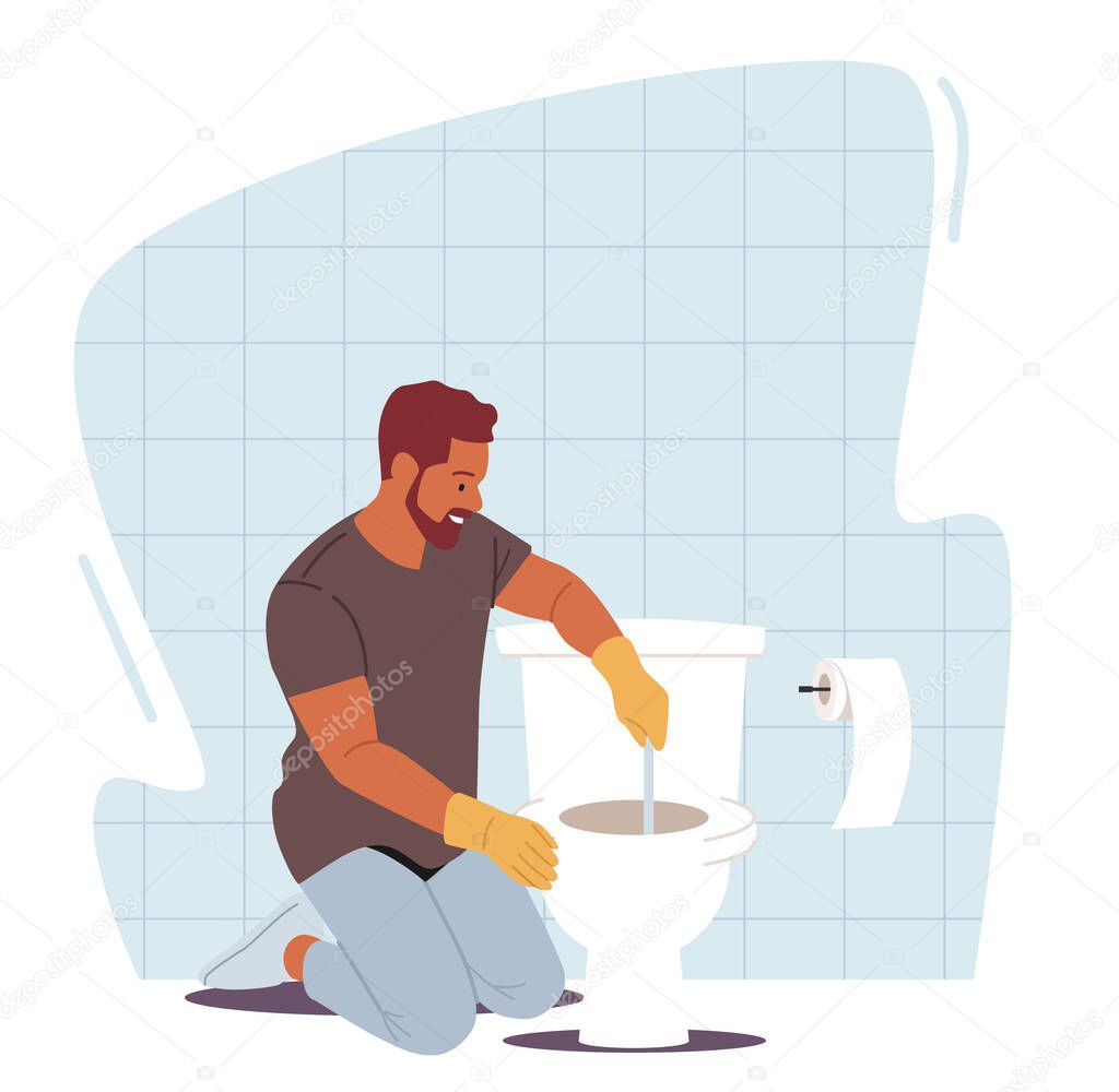 Man Household Duties Concept. Handyman Remove Blockage with Plunger in Toilet, Fixing Broken Plumbing at Home Bathroom